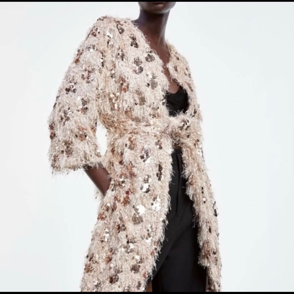 Zara rose gold fringe sequined robe (coat) XS